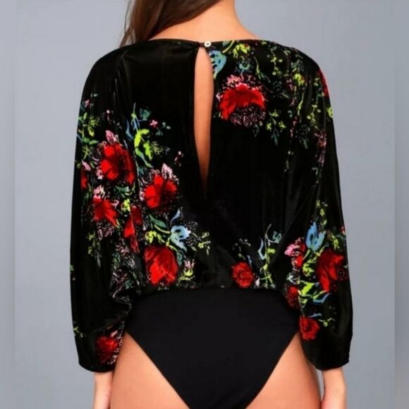 Free People Intimately Large Babe Slouchy Black Velvet Floral Blouson Bodysuit - Picture 10 of 15